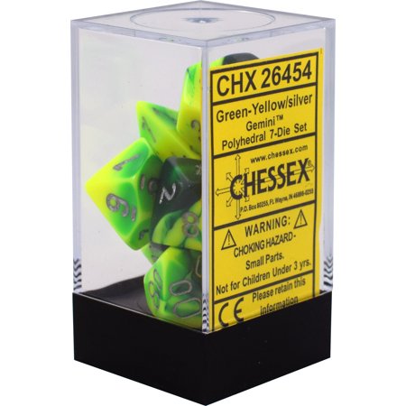 Dice: Chessex - Gemini - Poly Set (x7) - Green-Yellow/Silver