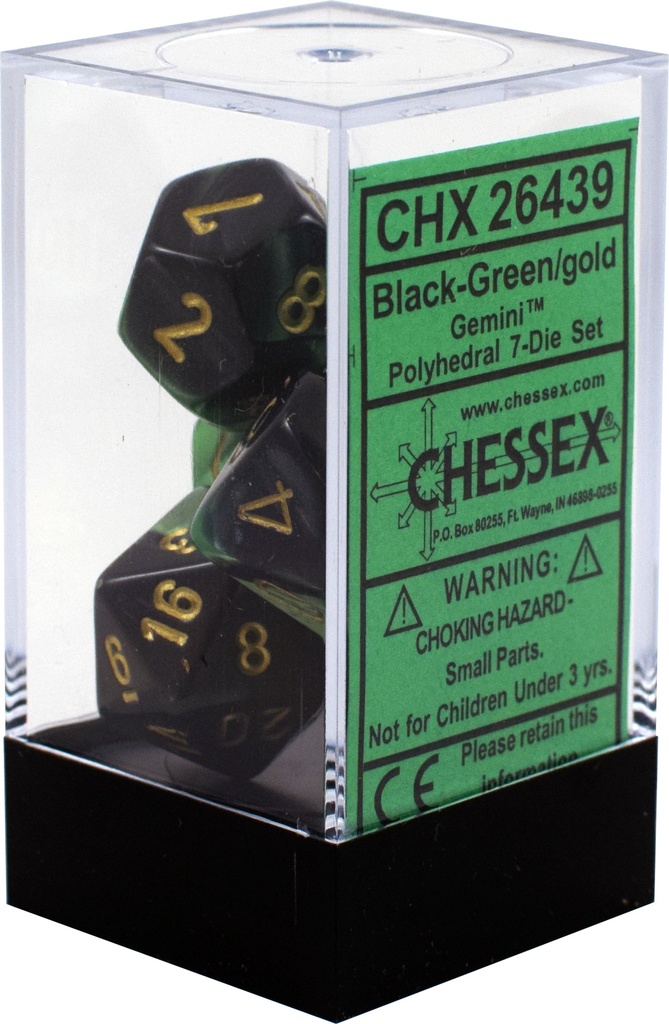 Dice: Chessex - Gemini - Poly Set (x7) - Black-Green/Gold