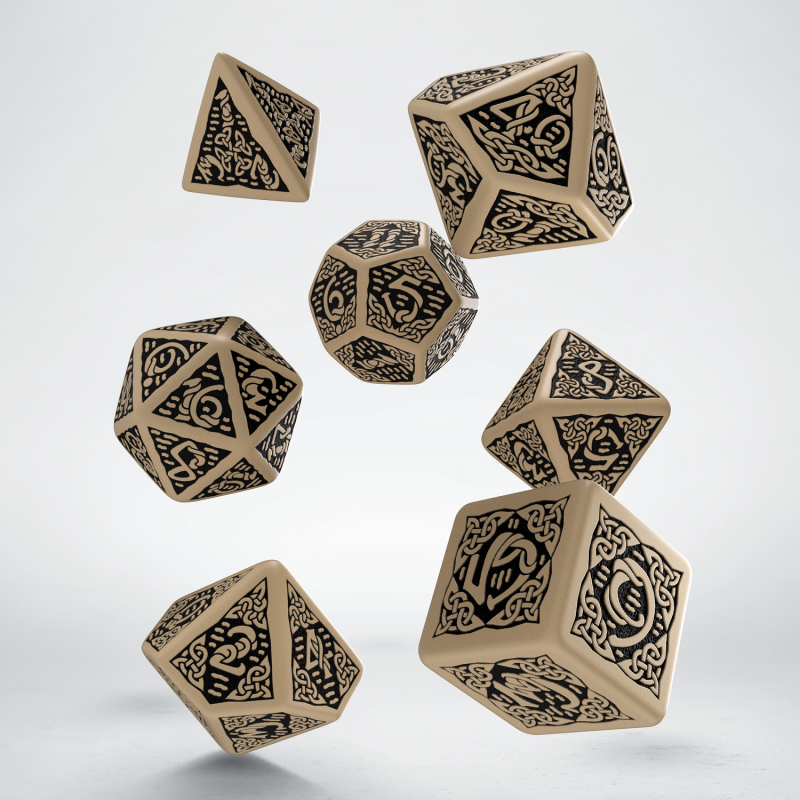 Dice: Q-Workshop - Celtic - Poly Set, 3D (x7) - Black/White (Rev.)